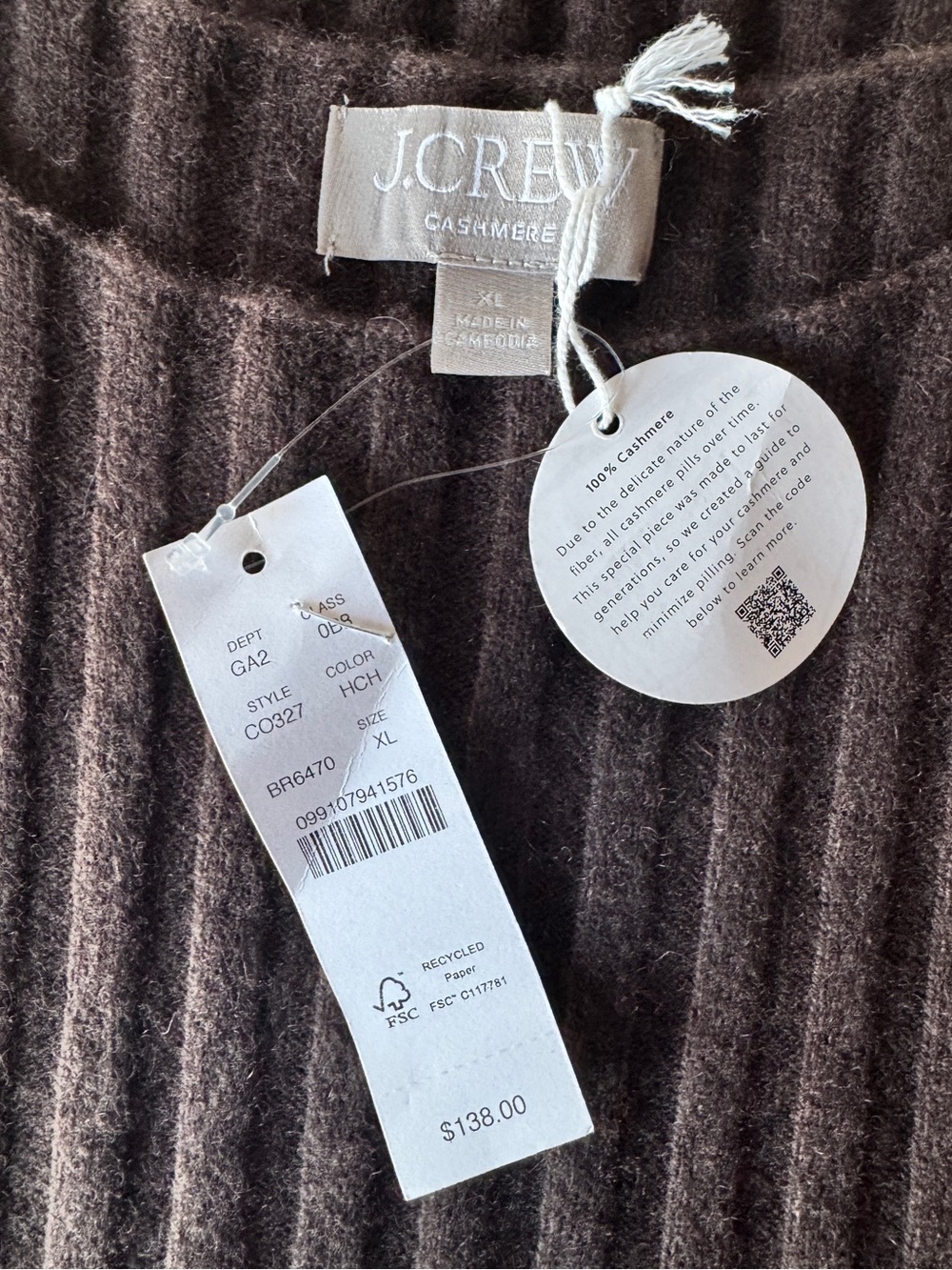 NEW J. CREW Wide-rib cashmere sweater shell heather chocolate XL CO327 *FLAW* - Picture 11 of 15